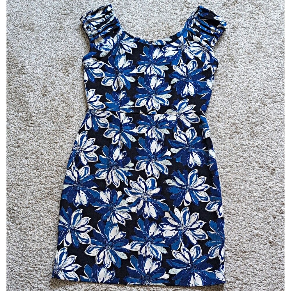 dressbarn Blue White Black Floral Sheath Dress Scoop Neck Knee Length Zip 8